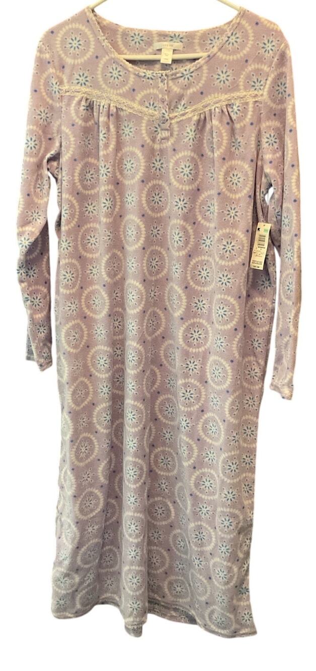 NWT Vtg Pink K Women's Long Sleeve Fleece Long Nightgown Lavender Granny Sz L